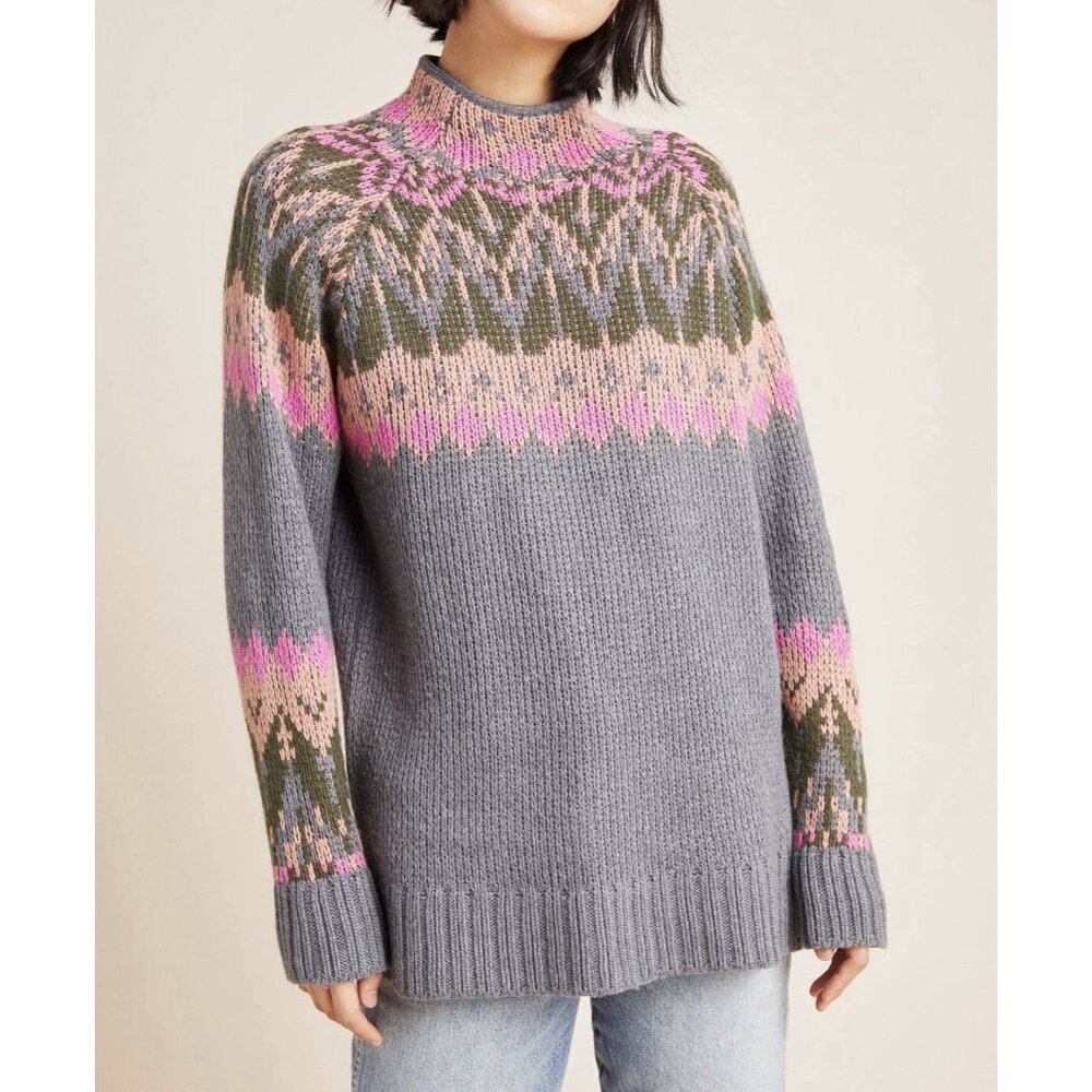Anthropologie Josephine Mock Neck Sweater Wool Blend Petite XS Italy Gray Pink